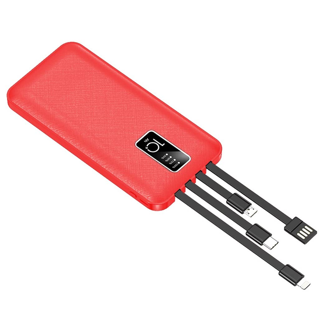 Banco de energia mini de 10000mAh cargador portatil rojo con 4 cables incorporados