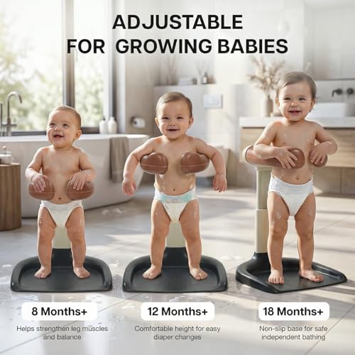 Image of BAYBEE Babyflo Shower Bath Stand for Baby for 0 - 3 Years for Kids | Baby Standing Bath Stand with Adjustable Height & Width | Foldable Kids Bathstand with Shower Holder & Anti-Slip Base (Brown)