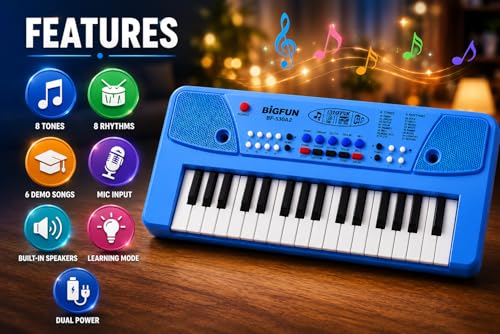 Image of Braintastic Kids Piano Keyboard with Microphone, 37 Keys, 8 Rhythms, 8 Tones with 6 in-Built Demos & Song Recording Feature for Boys & Girls (Blue)