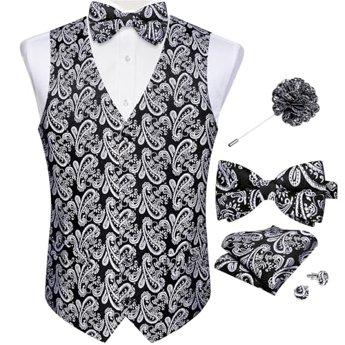 Image of DiBanGu Mens Paisley Suit Waistcoat,Silk Dress Vest and Bowtie Pocket Square Cufflinks with Lapel Pin Set for Wedding Tuxedo