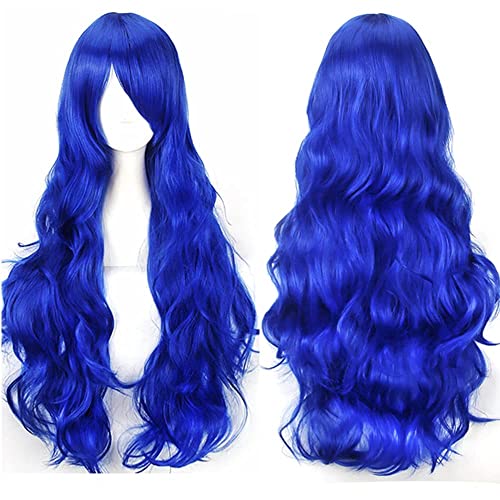 Colorfulpanda 32" 80cm Long Blue Curly Full Wavy Hair Wig Anime Cosplay Halloween Costume Party Synthetic Wigs for Women Girls Bright Blue