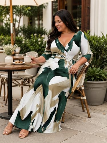 Image of PinkPatty Women's Print Maxi Dresses 3 /4 Sleeve Flowy Long Dress V Neck Wrap Tie Waist Sundress