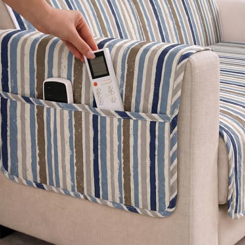 Image of STITCHNEST 'CloudFeel Series' Quilted Printed Velvet Sofa Cover for 3 Seater | Premium Soft Velvet Sofa Protector | Blue Striped Design with Armrest Pockets | Furniture Cover