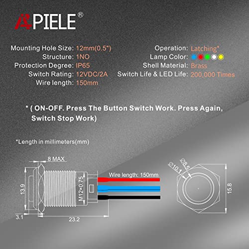 Apiele GQ12BH-10EZ-12 Pcs Of 2) 12Mm Latching Push Button Switch High Round Head Stainless Steel 1 Normally Open thumb #1