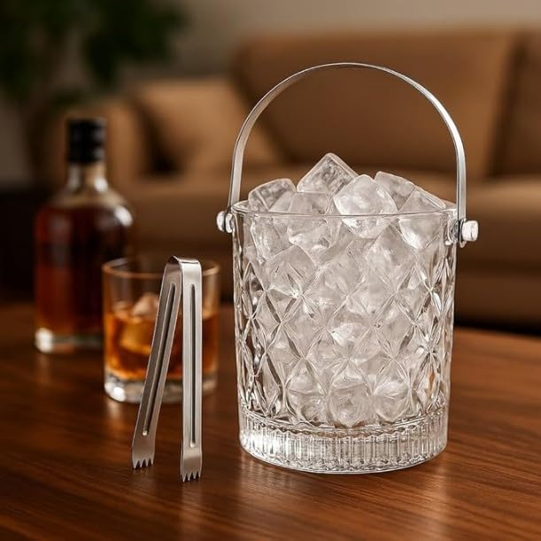 AXOVRA Premium Crystal Glass Ice Bucket with Tongs & Handle | Elegant Diamond-Cut Design Bar Accessory for Whiskey, Wine, Cocktails & Parties – Durable, Lead-Free Glass Ice Holder-image-20