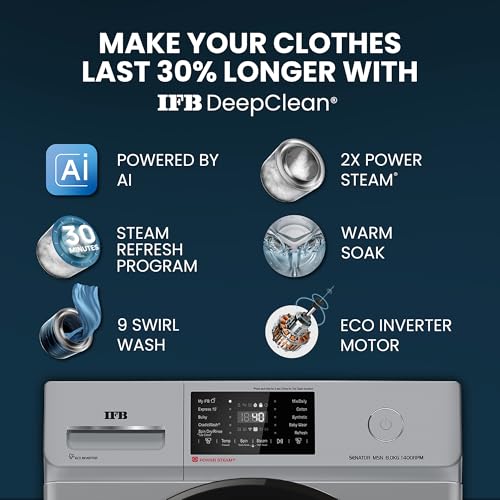 Image of IFB 8 Kg 5 Star, DeepClean Technology, AI Powered, WiFi, Fully Automatic Front Load Washing Machine (SENATOR MSN 8014 CMS, PowerSteam, Steam Refresh, Inbuilt Heater, Eco Inverter, Metallic Silver)