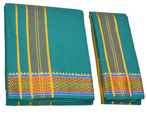 Image of TUNI MANI Men's Panchakacham Dhoti with Angavasthram with Zari Border, Cotton, Size: 9 X 5 (4.0mtr Dhoti, 2.25mtr Towel)