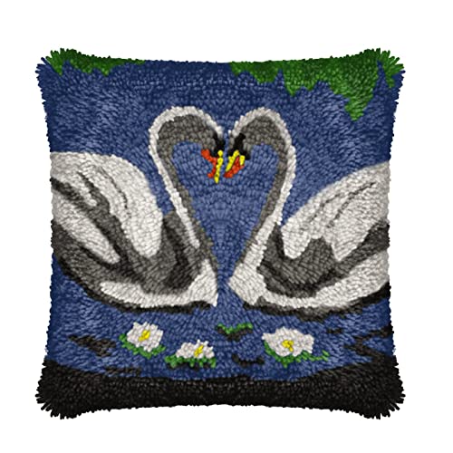 Myriad Choices Latch Hook Cushion Kits Swan 43x43cm, Latch Hook Pillow Case Kits for Adults and Kids DIY Needlework Pillow Cover Sofa Cushion Rug Making Kits DIY Craft Kits Home Decor