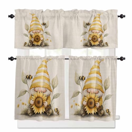 Sunflower Kitchen Curtains 36 Inch Length, 3 Piece Rod Pocket Small Half Tiers and Valance Set, Dwarf Yellow Hat Beige Watercolor Artwork Small Large Window Treatment Decor for Bedroom/Bathroom Sink