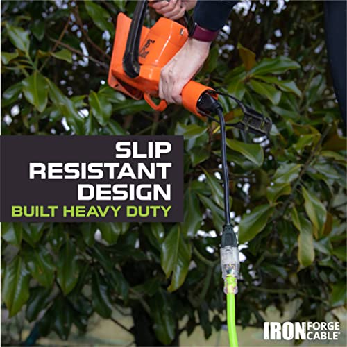 Iron Forge 100 Ft Heavy Duty Lighted End Long Outdoor Extension Cord - 12/3 Sjtw Industrial Weatherproof Water Resistant High Visibility Neon Green Electrical Cable For Construction Site Hvac - 15 Amp #TOP3
