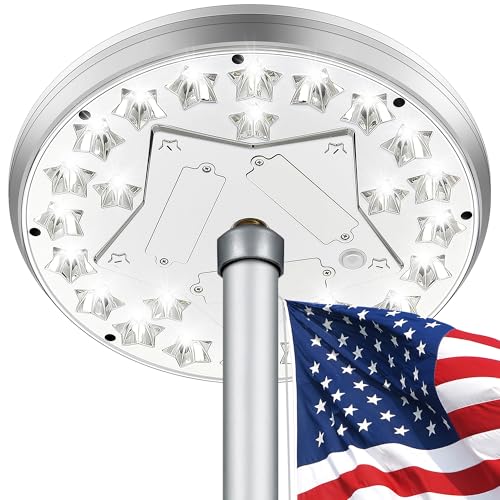 Aurolit Flag Pole Light Solar Powered, 25 Bright LED Flagpole Light, Up to 20 Hrs Lighting, IP65 Waterproof, 100% Coverage for 15-30 Ft Outdoor Flagpoles, Auto On/Off, Silver