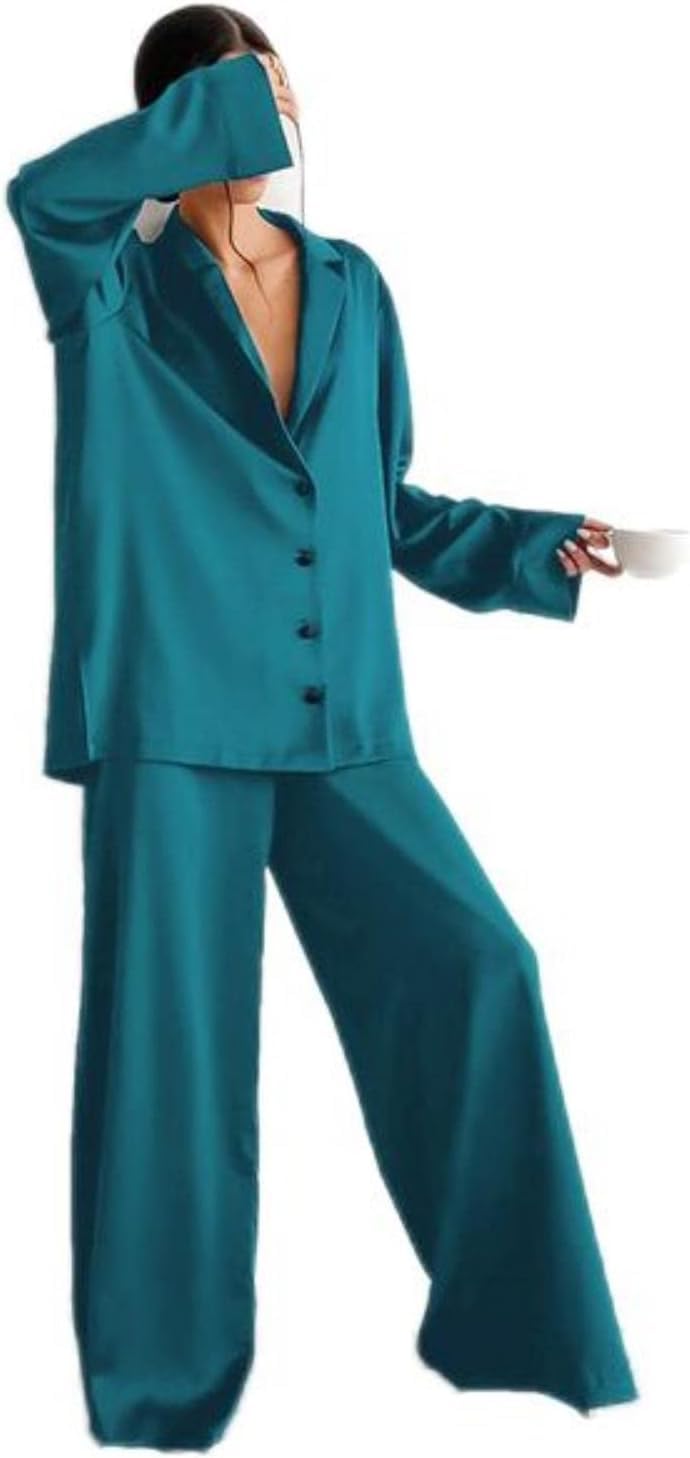 Pyjama sexy à coupe basse pour femmes pantalon large satin de soie manches longues