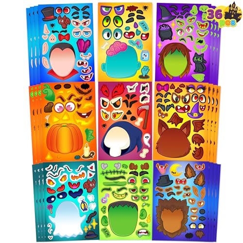 Image of JOYIN 36 PCS Halloween Make-a-face Sticker Sheet, Kids Party Favor Craft Supplies, Make Your Own Characters Stickers with Vampire, Witch, Frankenstein, Ghost, Halloween Goodies Class Activities Game