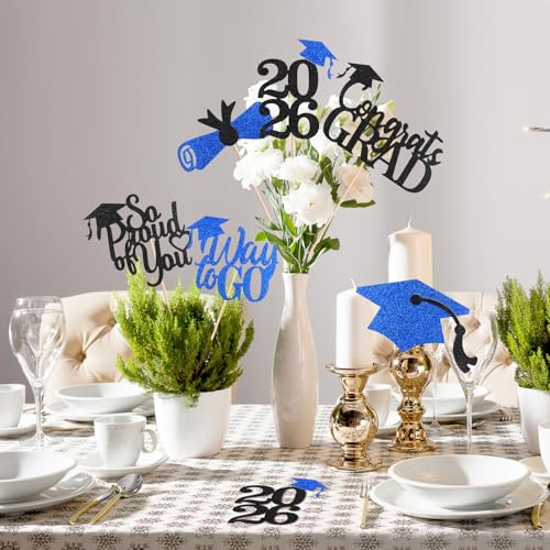 Image of Graduation Decorations 2026, 24 PCS Black and Blue Graduation Centerpieces for Tables, Class of 2026 Double-Sided Glitter Table Decorations