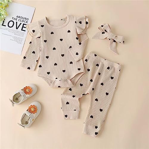 3PC Newborn Baby Girls Romper Clothes Long Sleeve Heat Prints Top Pants Outfit Infant Boys 𝗣ajamas with Headband Set2