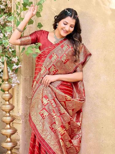 Image of Satrani Women's Silk Banarasi Weaving Saree with Unstitched Blouse Piece