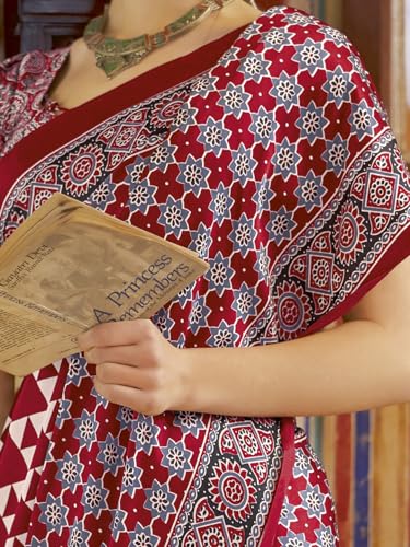 Image of SAREE MALL Women's Ajrkh Print Satin Crepe Polka Dot Printed Saree With Unstitched Blouse Piece