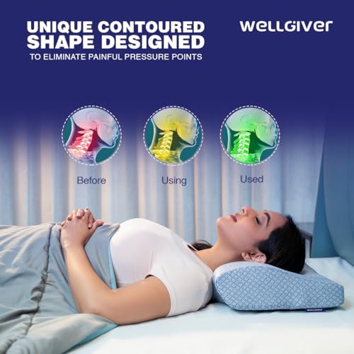 Image of WELLGIVER Cervical Memory Foam Pillow for Neck Pain | 2 Year Warranty | 19 x 11 x 4 Inch Standard | Orthopedic Pillow Spondylitis Neck & Shoulder Pain | Washable Jacquard Blue Cover | Pack of 1