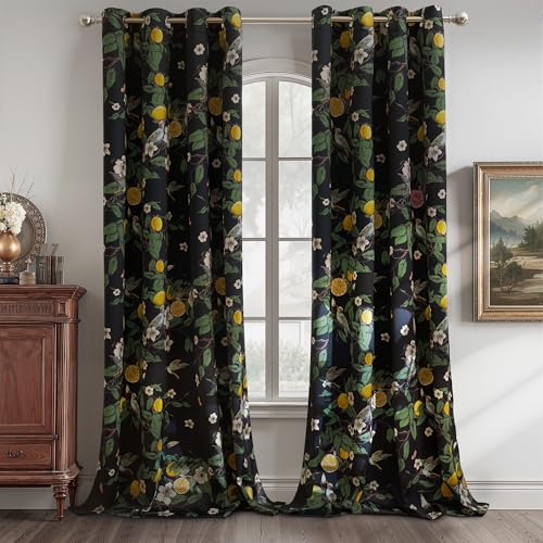 NICETOWN 100% Blackout Floral Curtains for Bedroom, W52 x L84 2 Panels, Hummingbird Lemon Botanical Print Design Thermal Insulated Privacy Drapes, Bla