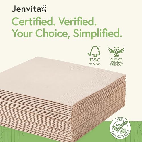 Image of Jenvita 100% Bamboo Compostable Napkins, 3 Ply, 250 Pack, 7.5 x 8 Inch | Heavy Duty, Eco Friendly, FSC Certified, Lunch, Dinner, Events, Entertaining, Paper Towels