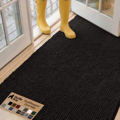 Image of GORILLA GRIP SoakSTOPPER Dog Door Mat, 60x36 Machine Washable Rug Absorbent Doormat Captures Moisture Mud Dirt, Quick Dry Soft Chenille Entryway Rugs Indoor Entrance Mats for Dog Paws, Black