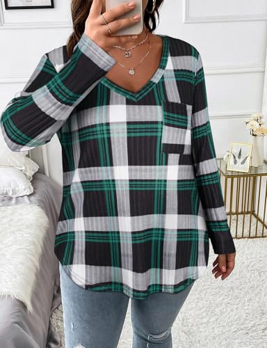 Image of Koscacy Women Plus Size Casual Knit Sweater with Pocket V Neck Solid Color Tops Lightweight Long Sleeve Blouses