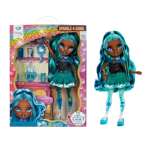 RAINBOW HIGH Sparkle & Shine Doll Misty - Boneca da moda de 28 cm com cabelo azul turquesa e bolhas mágicas nas pernas, cor, estilo, jogo, colecionável, para crianças dos 4 aos 12 anos ou mais