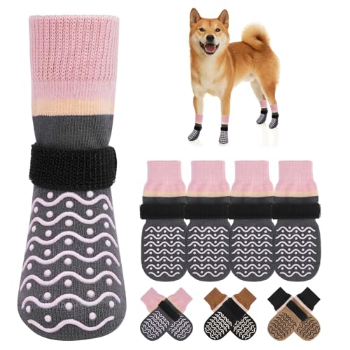BEAUTYZOO 犬 靴下 滑り止め 4枚セット ペット用靴下 足カバー マジックテープ付き 脱げない 足舐め防止 肉球保護 室内用・屋外用 防寒 暑い路面 寒い地面 転倒防止 防滑ソックス 介護 サポート シニア犬 老犬 小型犬 中型犬 おしゃれ 可愛