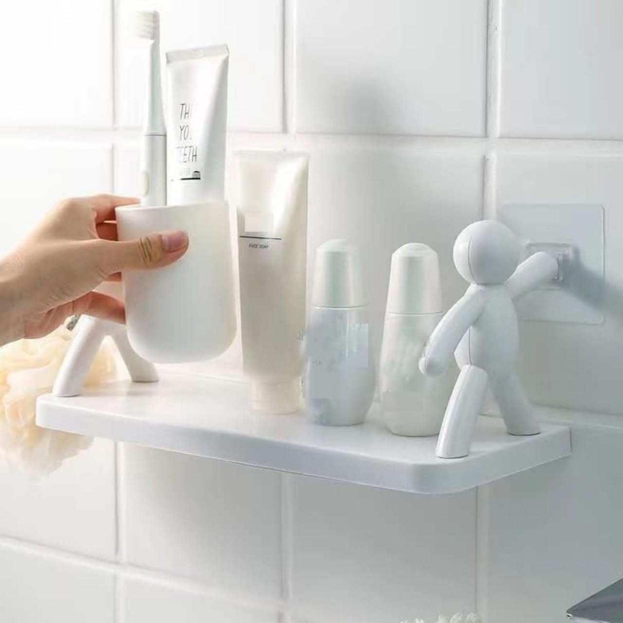 Wall Mounted Bathroom Shelf Self Adhesive Drill Free Storage Rack with Toothbrush Holder & Multi-Purpose Organizer Stand for Kitchen Bathroom Wall Shelf Plastic Waterproof Strong Sticky Holder (White)-image-4