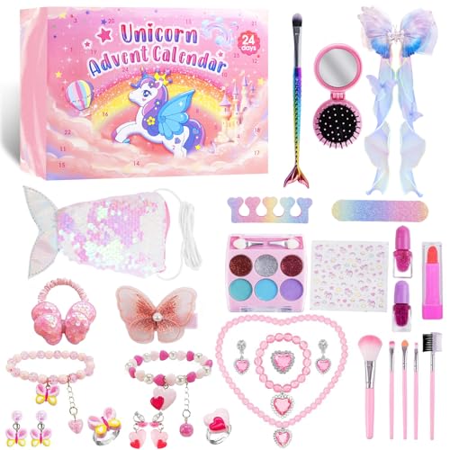 Einhorn Adventskalender 2026 Mädchen, Einhorn Weihnachtskalender kinder, 24 Tage Weihnachts-Countdown mit Haarschmuck Armbänder Geldbörse, 24 Tagen Überraschungen Geschenke für Mädchen (Rosa)