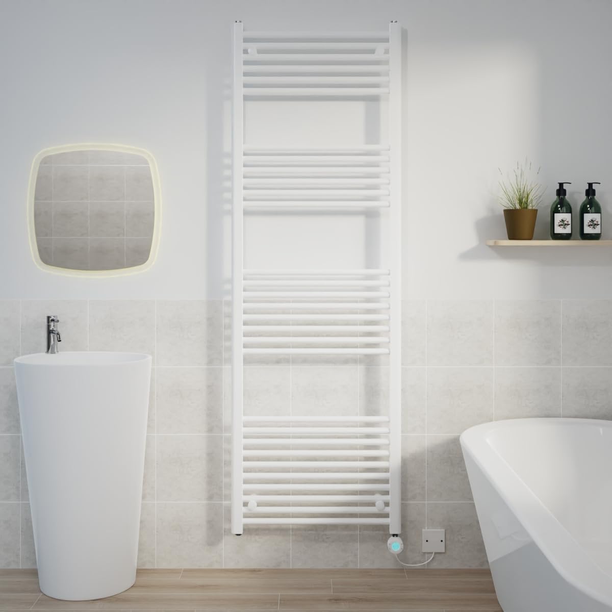 Warmehaus 800W Electric Thermostatic Heated Towel Rail Bathroom Radiators Straight with LCD Display Timer White 1800x600mm