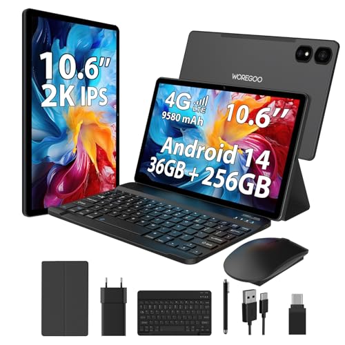 WOREGOO 10.6 Pulgadas Android 14 Tablet, 4G LTE y 5G WiFi, 2.0GHz Octa-Core, 36GB RAM+256GB ROM (1TB TF), 2K 2000x1200 FHD Display, GMS/GPS/8+13MP/Batería 9580mAh con Teclado+Ratón (Negro)