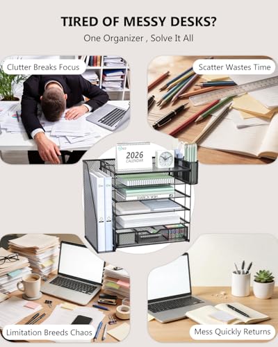 Image of WALI Desk File Organizer, 6 Tier Desktop Paper Letter Tray Organizer with Drawer and 2 Pen Holders, Office Desk Accessories & Workspace Organizers for Office, Home Supplies(DO007DH-B), 1 Pack, Black