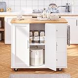 SUNLEI Kitchen Island on Wheels with Storage Cabinet & Foldable Drop Leaf, Rolling Kitchen Table, Cart Handle for Towel Rack, Drop Leaf, Portable Islands for Kitchen (Stylish White, 39.7-INCH)