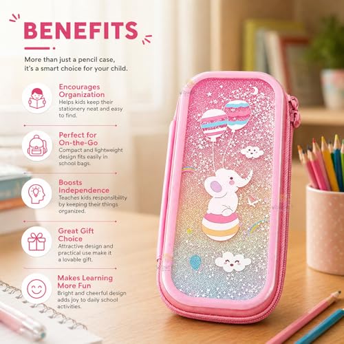 Image of WISHKEY Multipurpose Cute Cartoon Printed Pencil Case with Compartments for Kids, Large Capacity School Supply Organizer Students Stationery Box Pen Pouch with Zipper for Girls Boys Multicolor