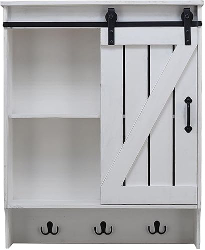 Gabinete de pared de madera con puerta corredera y 4 estantes, armario de pared para baño, cocina, dormitorio con gancho, color blanco