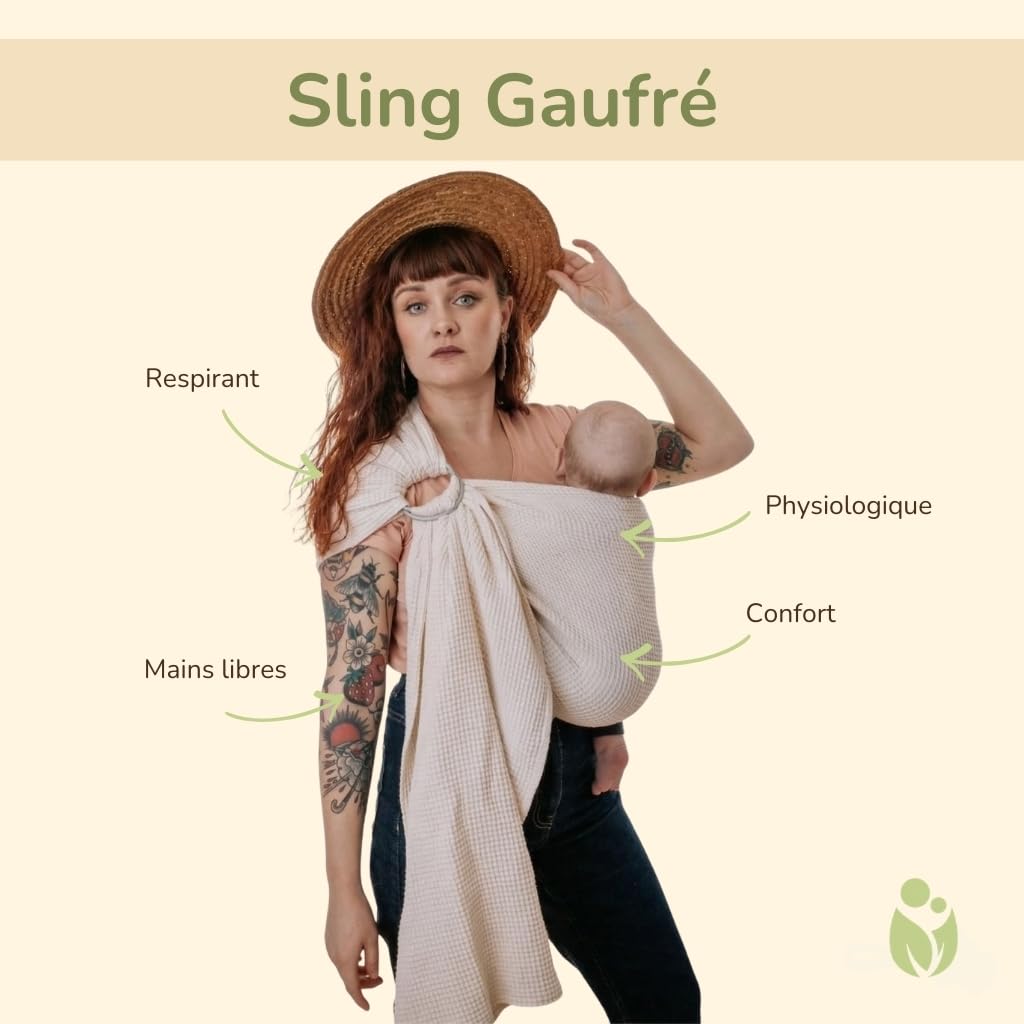 Echarpe de Portage Ergonomique - Écharpe gaufré à Anneaux - Confort et Mains Libres au Quotidien - Écru