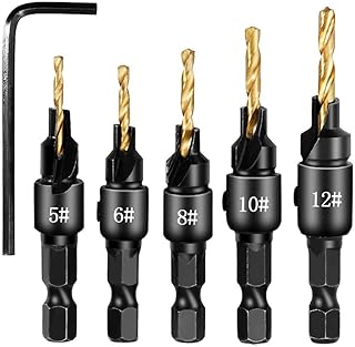 5Pcs Titanium Countersink Drill Bit Set with 1/4" Hex Shank – Adjustable Depth Woodworking Chamfer Bits for Wood