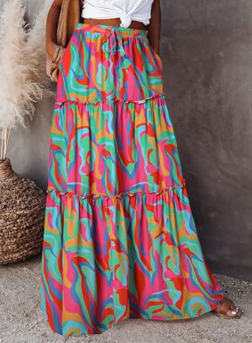 Image of Happy Sailed Womens Floral Print Boho Maxi Skirt Elastic High Waist Pleated Ruffle Flowy Long Skirts S-XL