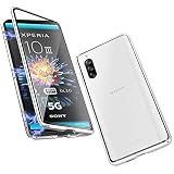 Coque Compatible avec Sony Xperia 10 III, Adsorption Magnétique Étui 360 Protection Housse Devant Retour Verre Trempé Aluminium Cadre Case, Argent