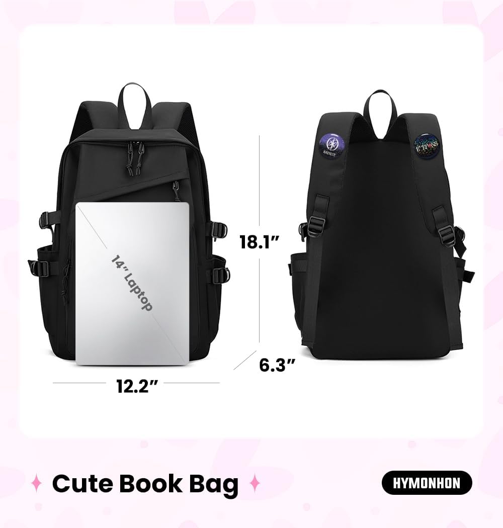 Large Capacity Backpack Lightweight Casual Daypack with 2 Button Pins Black