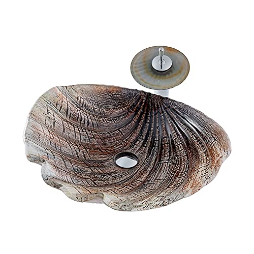 Fregadero para recipiente de baño, tocador de vidrio templado, fregadero con forma de concha, fregadero con grifo de cascada y combinación de drenaje arriba (marrón)