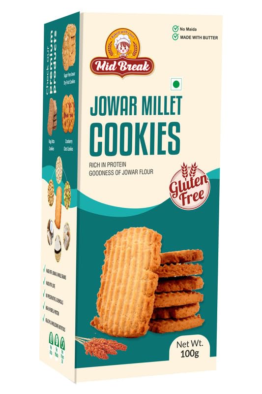 Image of MidBreak Jowar Atta Biscuits - 100g Pack of 1 | Millet Cookies | No Maida | Egg-Free | Jaggery | No Refined Sugar | Palm Oil Free | High in Fiber & Protein | Wholesome Baked Snack