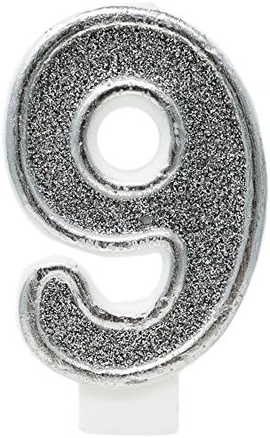Birthday Party Sparkling Chic Glitter Number Cake Candle (9, Silver)