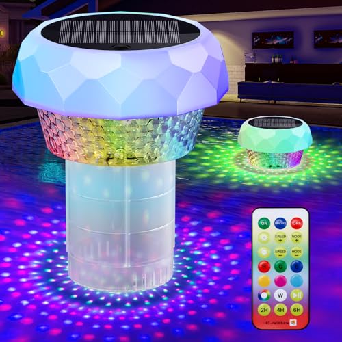 JEMULICE Solar Pool Chlorine Floater with Colorful Lights, Remote-Controlled Lights Adjustable Release Easy-Open Chlorine Floater Dispenser for Pool Large Capacity for 3'' or 1'' Tablets