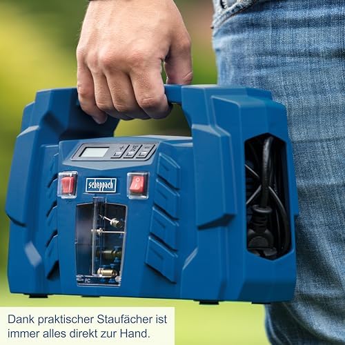 Bild 4 - Scheppach Kompressor Airforce 5 mit digitaler Anzeige | 12V / 230V Anschluss für KFZ/Auto | tragbarer Kofferkompressor | 8bar Arbeitsdruck | 150W | Ansaugleistung 36,5 l/min | inkl. Zubehör