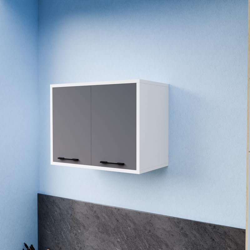 Inside 2 Door Multipurpose Wall Mounted Cabinet with Adjustable & Fixed Shelf | Kitchen, Bedroom, Living Room & Home Office Storage | Size: 60x33x43.1 Cm | Color: White & Grey