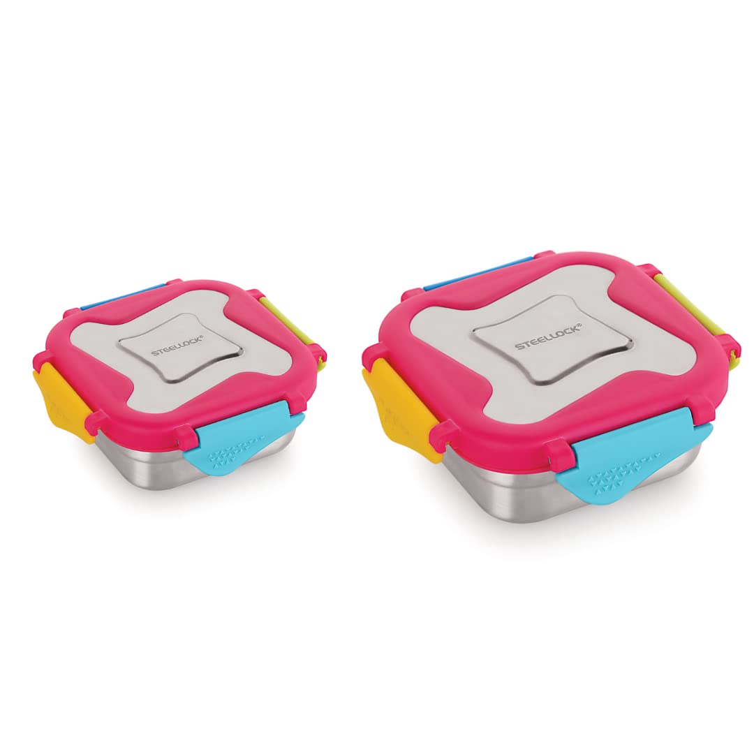 STEELLOCK Smart Stainless Steel Tiffin Lunch Box for Kids and Adults | Airtight & Leakproof | Square Tiffin Box for School & Office with Steel Lid | Juliet 250 ml & 360 ml 1 pc Each