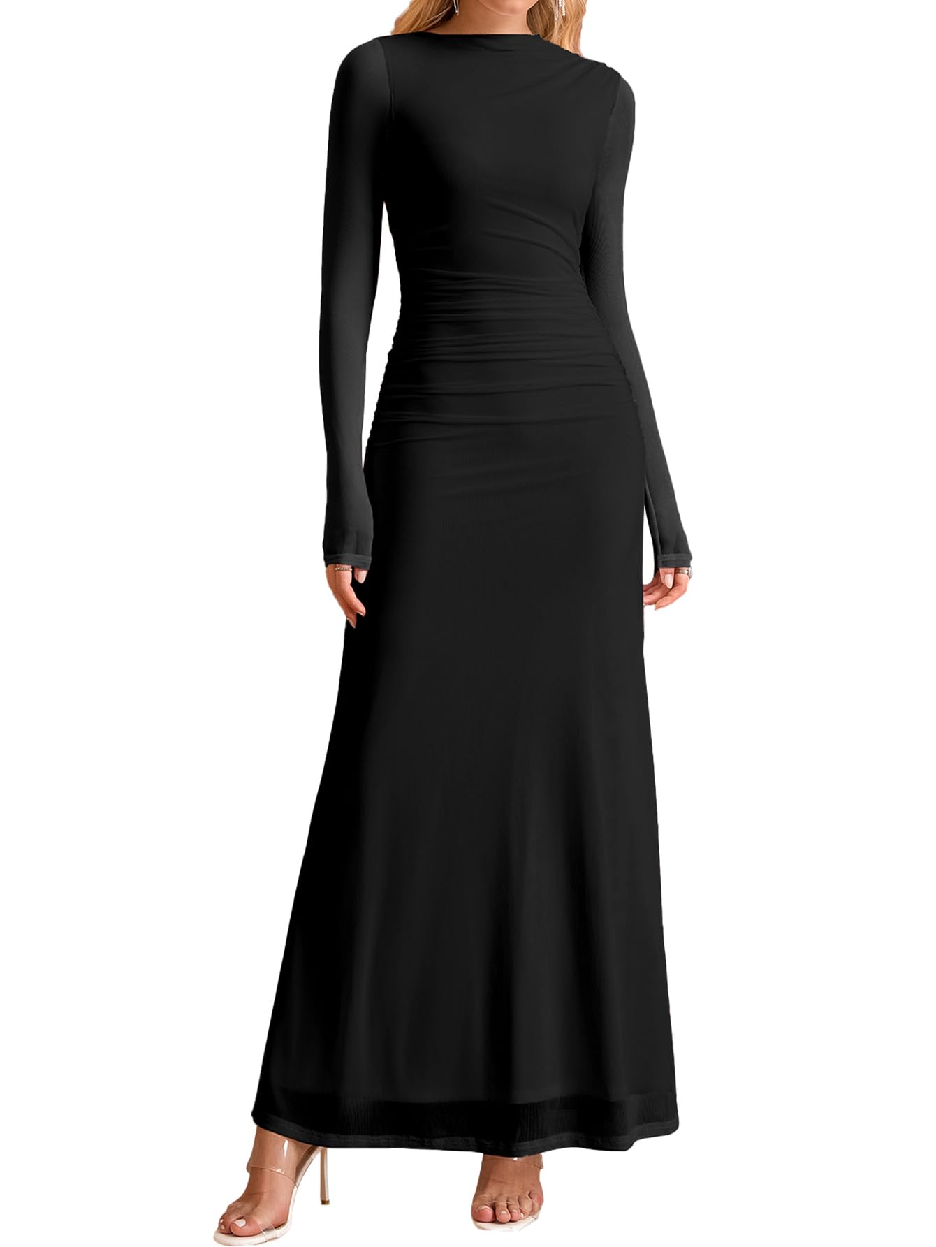 HTZMO Women Long Sleeve Bodycon Floral Maxi Dress Ruched A Line Flowy Wedding Guest Formal Party Long Dresses