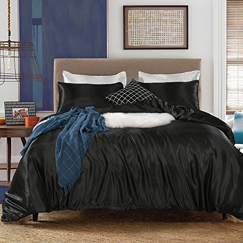 Erosebridal Hotel Black Duvet Cover Full Silk Like Satin Bedding Set Adult Reversible Quilt Comforter Cover Honeymoon Sexy Luxury Soft Lightweight Brushed Bedspreads For Farmhouse Room Decor #TOP1